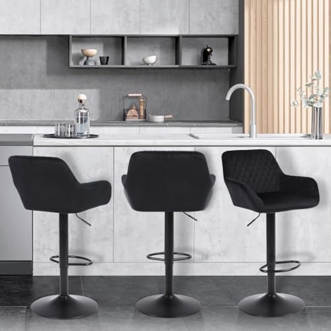 ralex-chair Bar Stools Set of 2, Height Adjustable Velvet Fabric Swivel Barstool Bar Chairs, Breakfast Dining Stools With Backrest and Armrest for Bar, Counter and Kitchen,Black