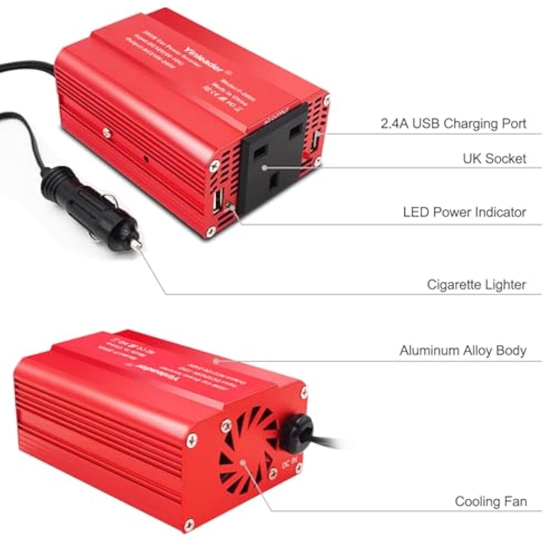 Yinleader Power Inverter 200W 12V to 240V UK Socket Dual USB DC TO AC Converter Car Cigarette Adapter