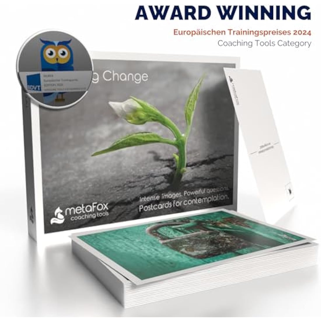metaFox | Leading Change Postcards Pack | 52 Cards for Coaching & Change Management | Based on the 8-Step Process for Leading Change by John P Kotter (English)