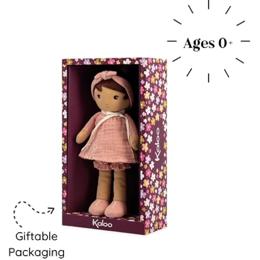 Kaloo - Tendresse - Amandine - My 1st Soft Doll - 32 cm Fabric - Pink Muslin Dress - Olive Skin - Pretty Gift Box and Customisable Ribbon - 0 Months +, K200005, LARGE