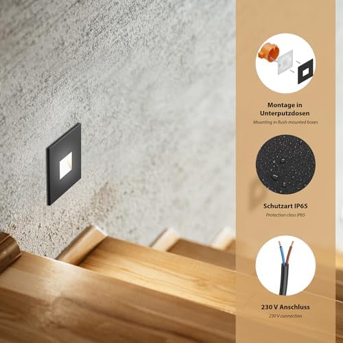 ledscom.de 12 LED Staircase Light/recessed Wall Light FOW for Indoors and Outdoors, Downlight, Angular, Black, 85 x 85mm, Cool White