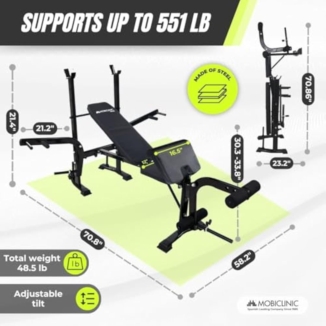 Mobiclinic® Fitness Gym Bench Multi-Function Pressfit, Adjustable, Foldable, Steel, Supports Up to 250 kg, Bar Support, Ideal for Strength Exercises at Home