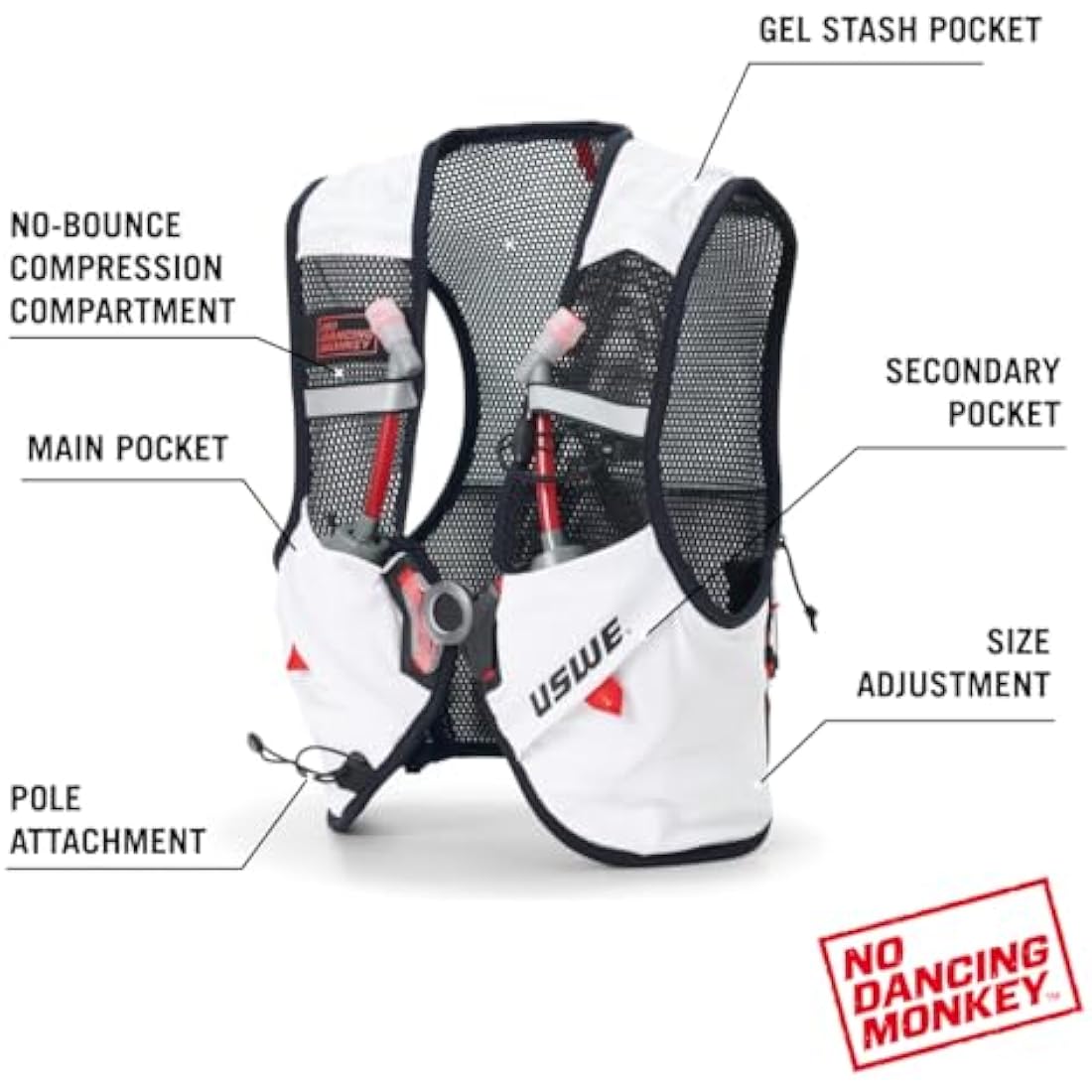 USWE Pace 2L Running Vest Hydration Pack with 2 x 500ml UltraFlask, Backpack for Men and Women, White Black, L-XL