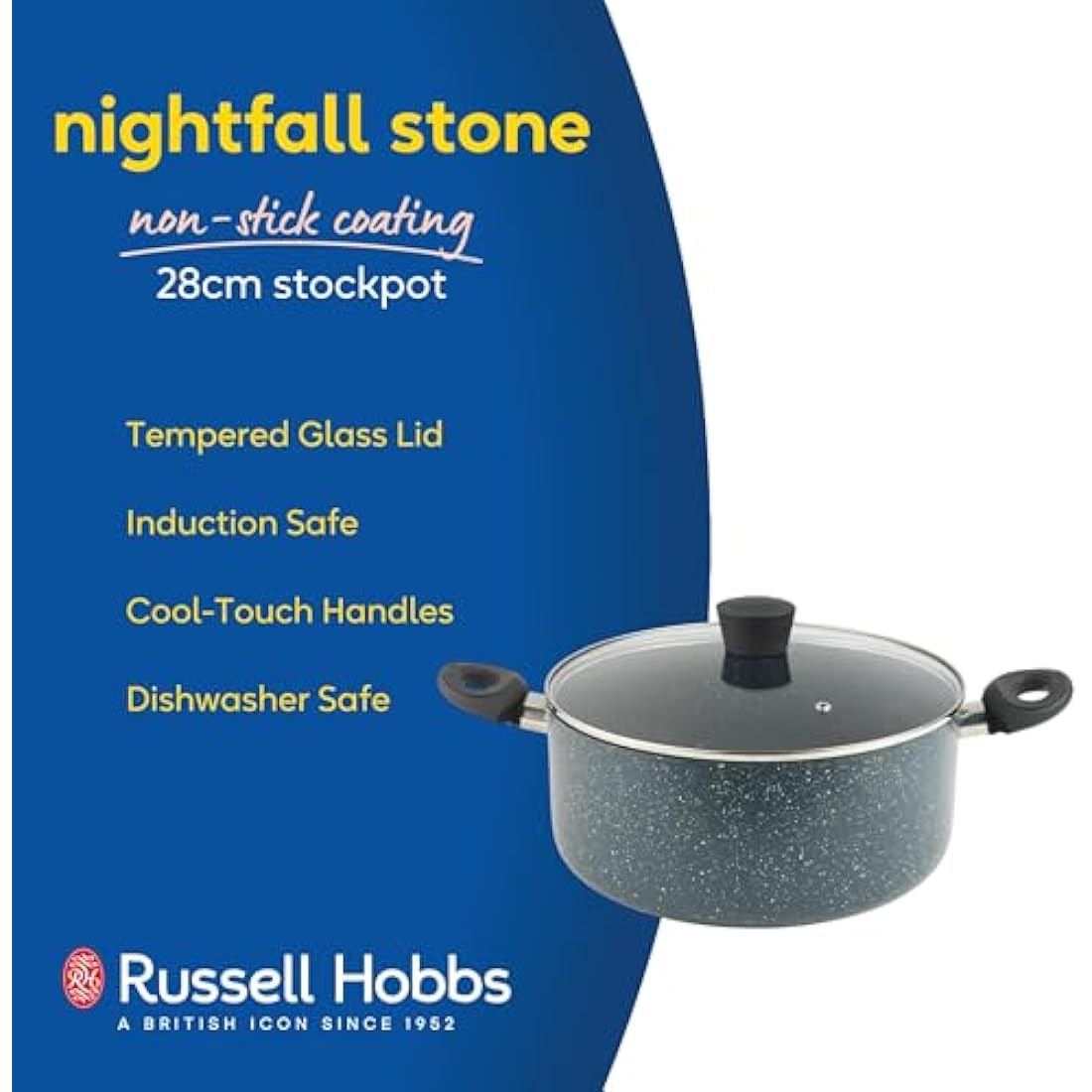 Russell Hobbs RH03410EU7 Nightfall Stone 28cm Stockpot - Non-Stick Saucepan, Tempered Glass Lid, Induction Safe, Durable Aluminum Cookware, Soup Pan, Easy Clean