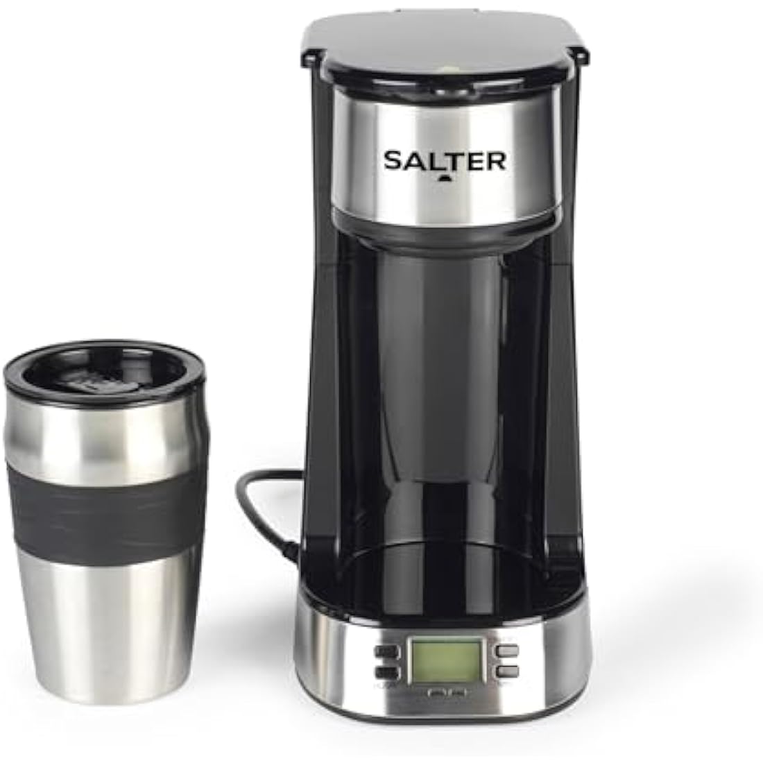Salter EK2732 Personal Coffee Machine - One Cup Filter Coffee Maker, Includes 420ml Stainless Steel Travel Mug, Removable & Washable Filter, Quick Brew In 3-4 Mins, Compatible With Ground Coffee, 750W