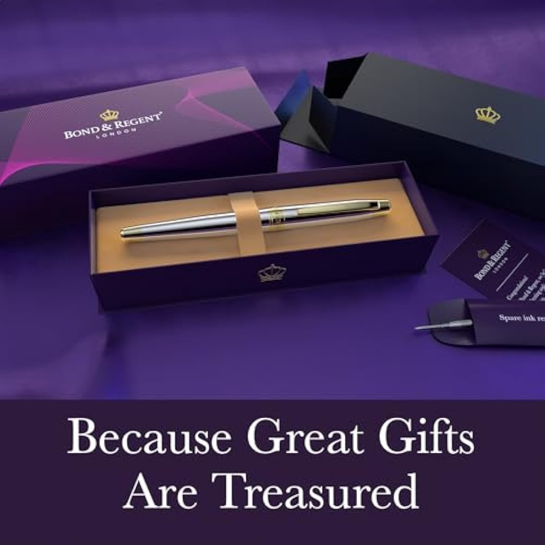 Bond & Regent Silver Chrome & 24 Karat Gold - Certified Luxury Grade Rollerball Pen | Nice Gift for Men & Women