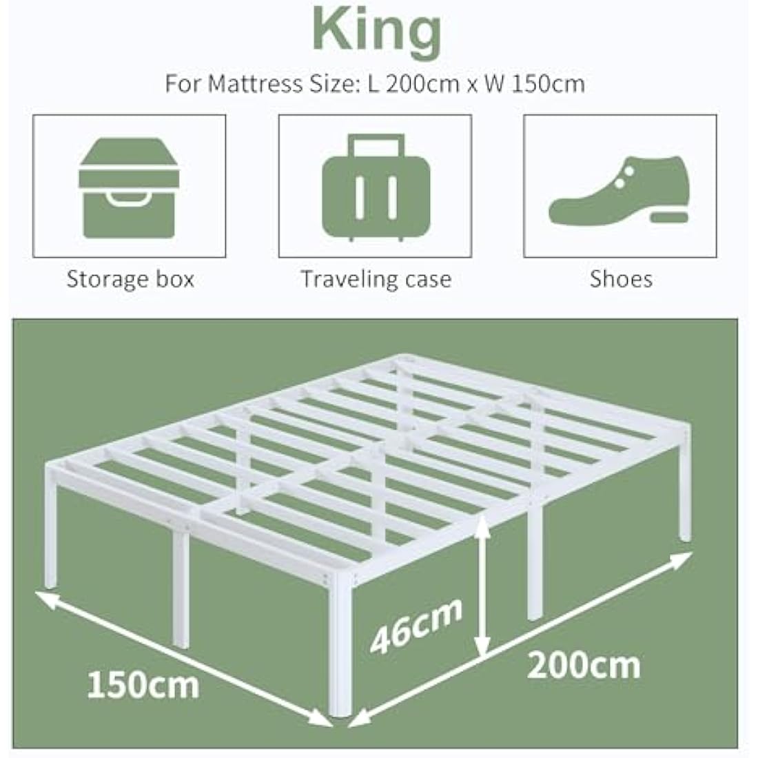 Lutown-Teen High White King Size Bed Frame 5ft with Rounded Corners, Heavy Duty Metal Bed Frames King Size with Steel Slats, 46 cm High, Ample Space Under-bed, Noise Free, Easy Assembly