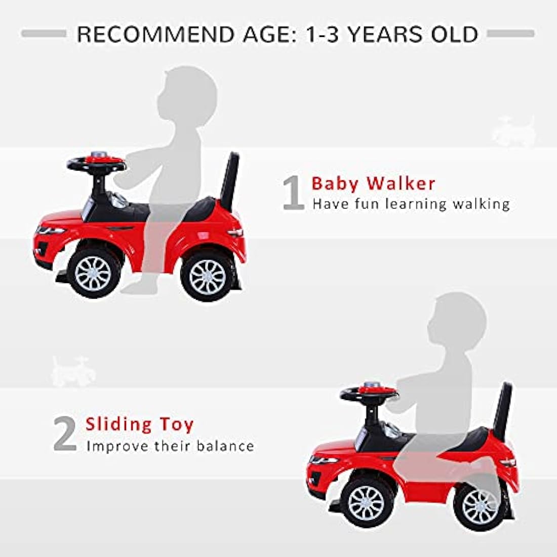 HOMCOM 3-in-1 Ride On Car Foot To Floor Slider Toddler w/Horn Steering Wheel NO POWER Manual Under Seat Storage Safe Design for 1-3 Year Old Red