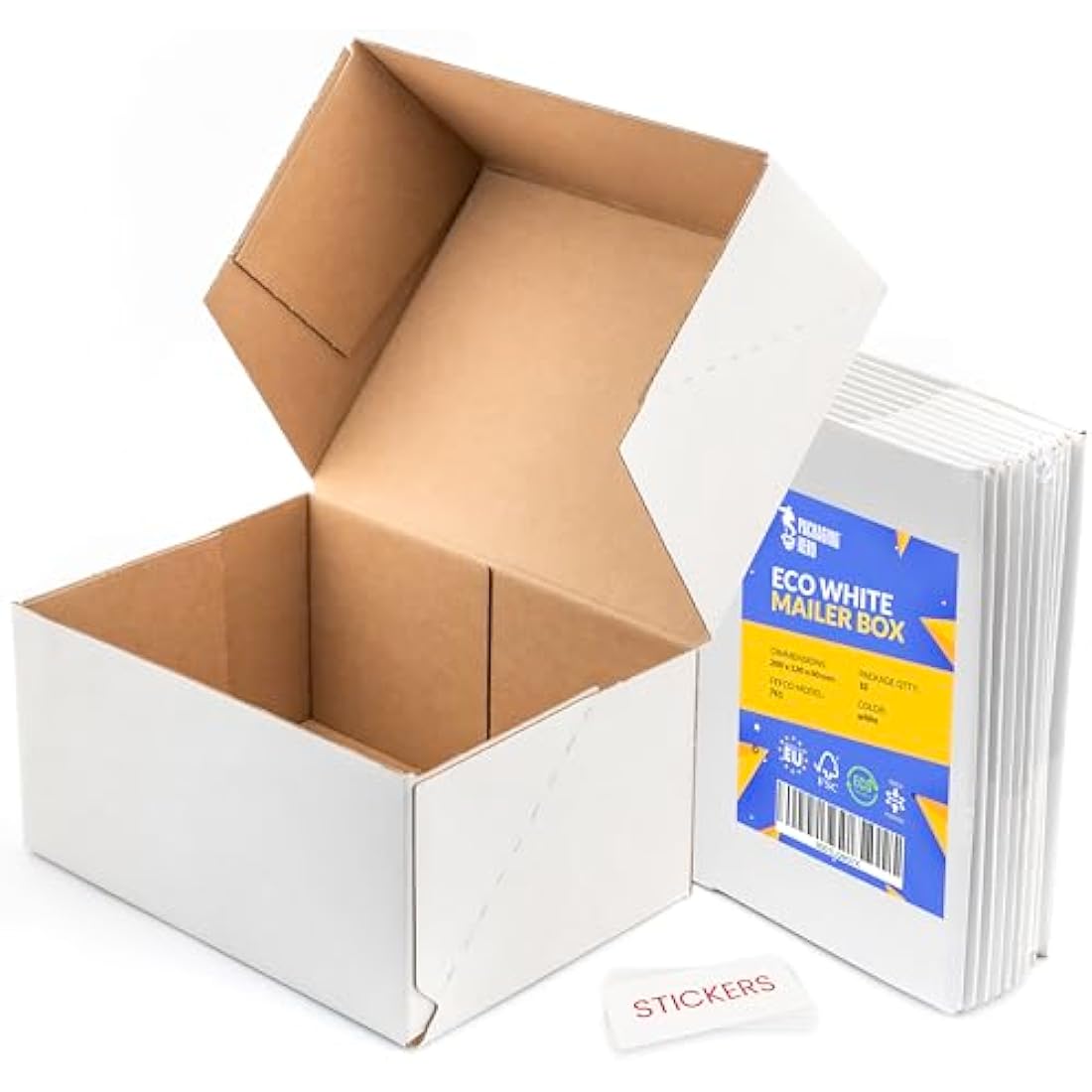 Packaging Hero 20 x 15 X 10 cm (aprox. 8" x 6" x 4") White Corrugated Cardboard Mailing Boxes, gift boxes, e-commerce box with free clear round stickers (10 pack)