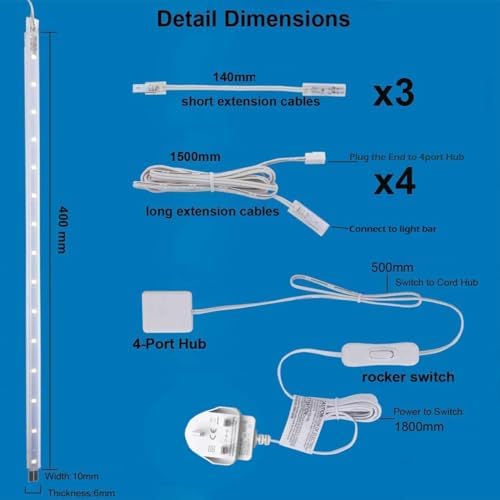 Cefrank LED Display Light Bar Kit - (4) 40cm Linkable Lights - Plug in - Series + Parallel Connection - Low Profile - White 6000K