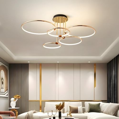 YYUTLUO LED Ceiling Light, Ø93cm Gold Metal Circle Chandelier, 108W Stepless Dimmable 3000-6000K, Modern Round Electroplate Pendant, Bedroom Living Children Office Study Kitchen Hallway(5 Ring)
