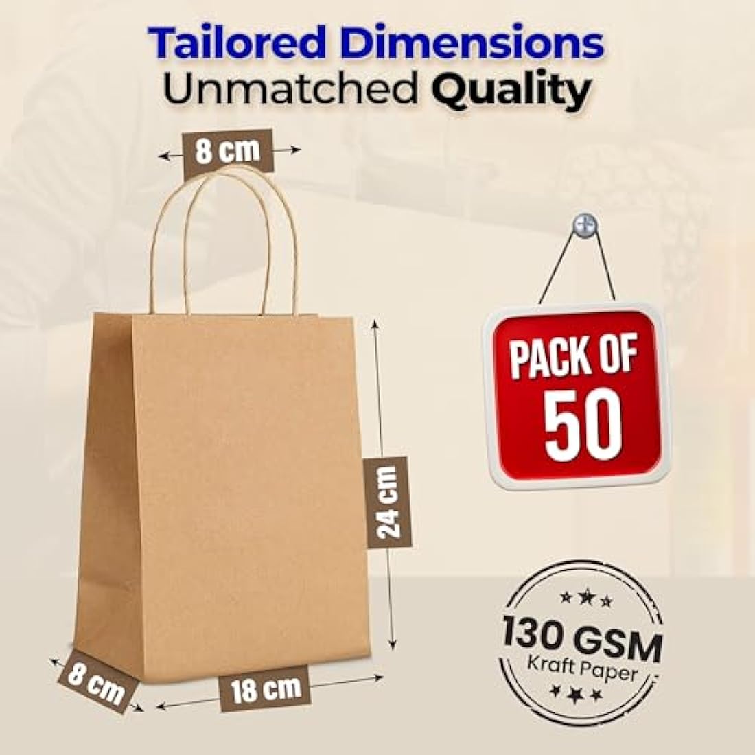 HURUC 30 Pcs Brown Paper Bags With Handles,130GSM, Small Paper Gift Bags, Eco-Friendly Kraft Shopping Carrier, Christmas, Easter, Birthday Parties & Merchandise Retail 18x24x8cm