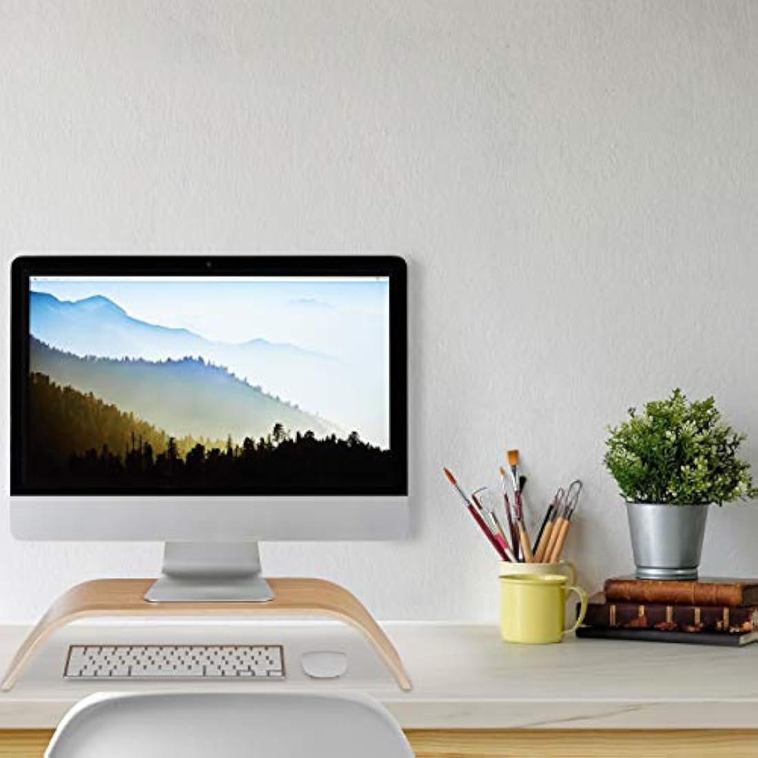 relaxdays Bamboo Display Stand, Curved Desk Display Riser, Ergonomic, HWD 10x52.5x24 cm, Natural