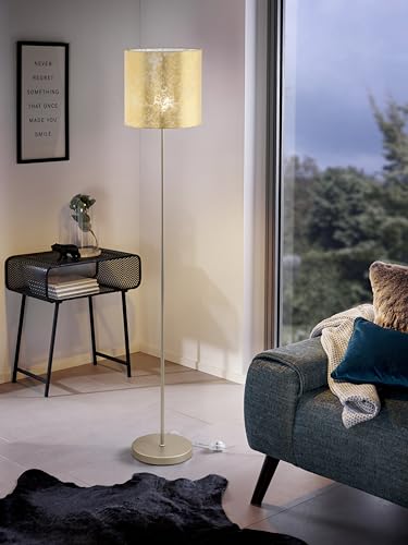 Eglo Viserbella Vintage Floor Lamp, Steel and Fabric in Champagne and Gold Coloured Standing Light, Living Room Lighting, E27 Socket, incl. Foot