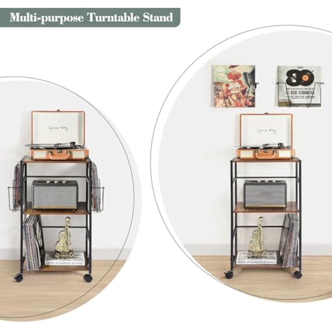 Bikoney Vinyl Record Storage, Rolling Side Table with Player Stand, Large End Table Cart Up to 150 Albums, Turntable Holder with 2 Display - Vinyl Storage for Living Room Bedroom Office