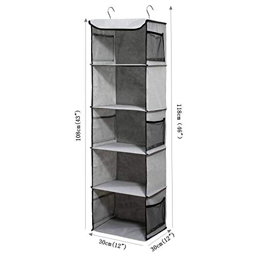 BrilliantJo Hanging Storage with 5 Shelves Wardrobe Closet Organiser, Storage Shelves Unit with 6 Pockets for Clothes - Grey(30 x 30 x 108cm)