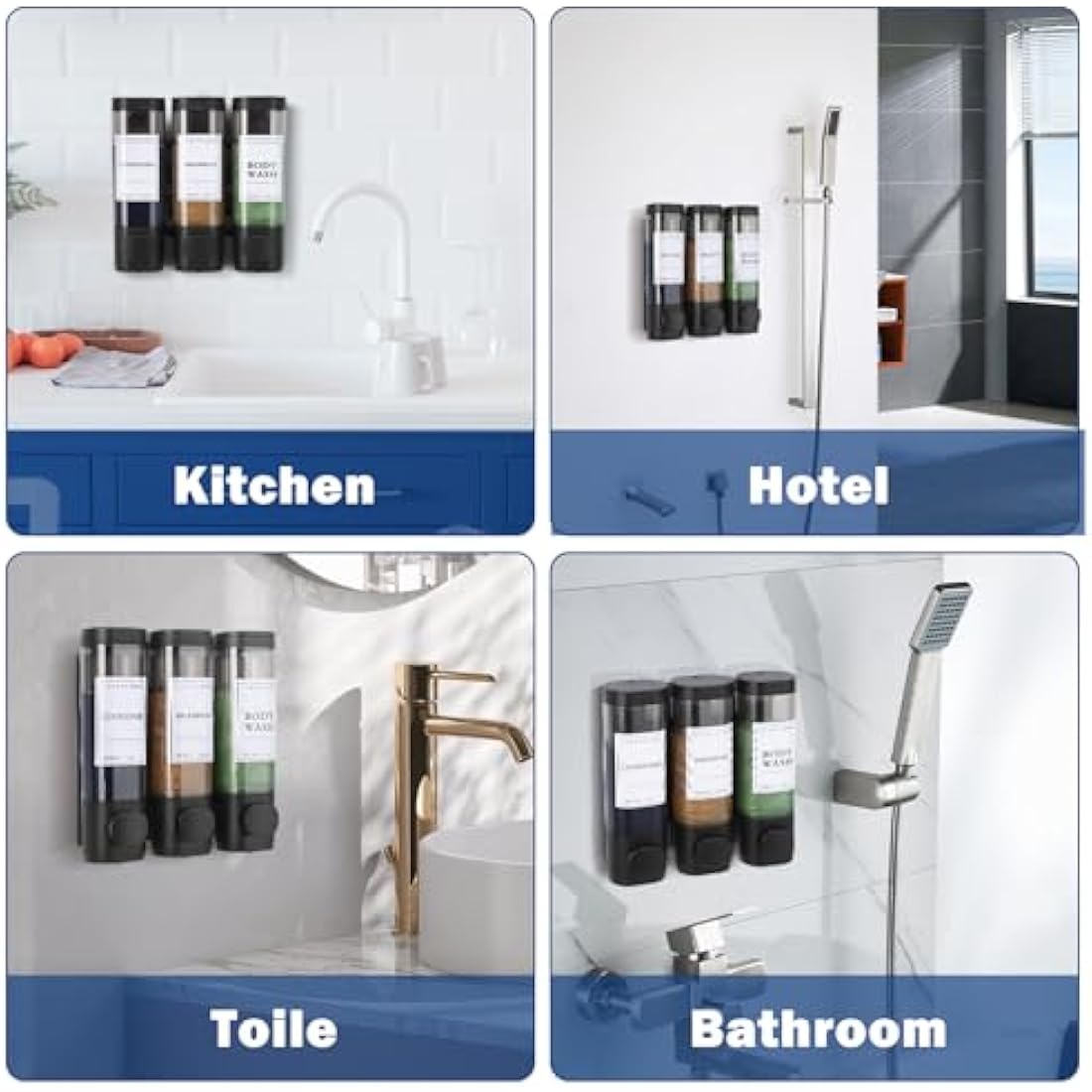 Shampoo and Conditioner Dispenser,Shower Dispenser 3 Chamber No Drill Shampoo Dispenser for Shower Wall Mounted Shower Soap Dispenser Body Wash for Bathroom Hotel Kitchen,3 * 300ML,Black
