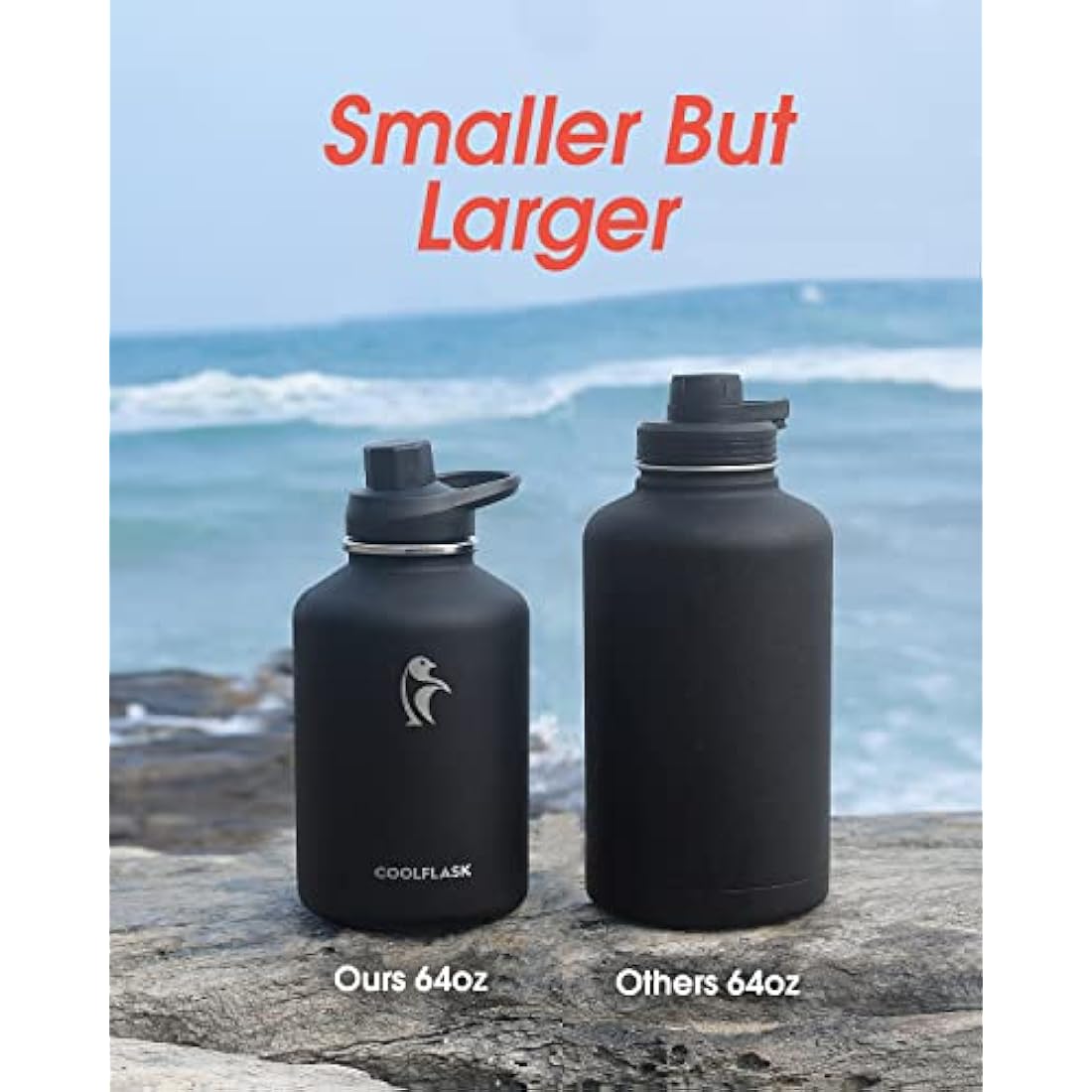 Coolflask 2L Water Bottle Stainless Steel with PU Leather Sleeve, Half Gallon Insulated Water Bottles with Straw Lids, Stainless Steel Metal Large Water Jug, Keep Cold 48h Hot 24h, Polar Black