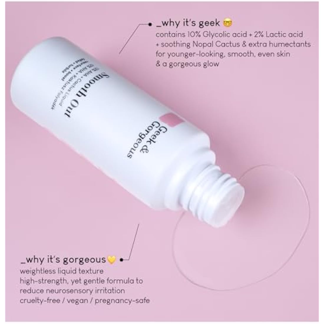 Geek & Gorgeous Smooth Out 12% AHA + Cactus Liquid - liquid exfoliant, gives healthier & younger-looking skin - all skin types, 100ml