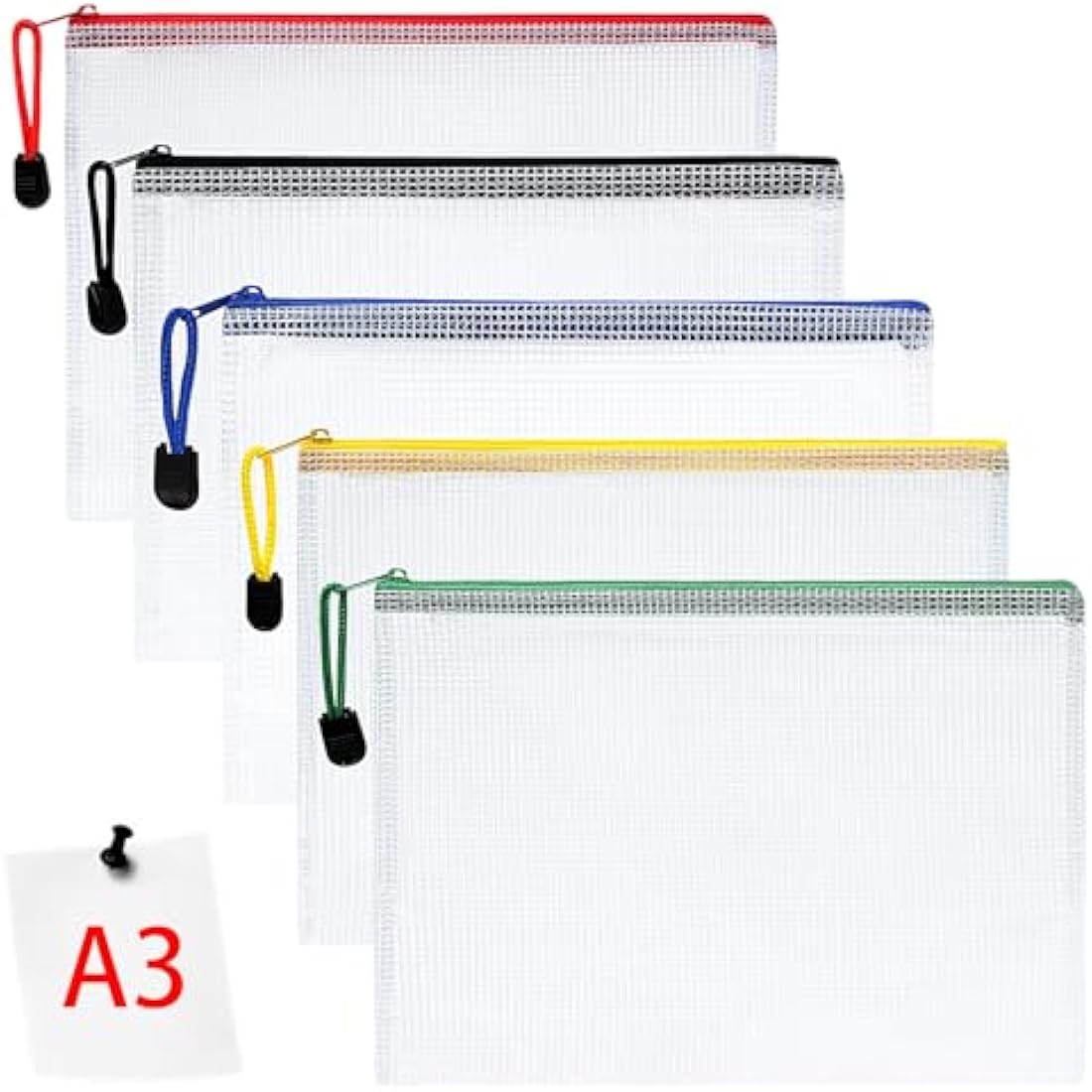 Vicloon Plastic Wallets, 5Pcs A3 Zip Lock Bags, Mesh Document Wallet Document Folders Plastic Pockets Zipper File Wallet for School Office Homework Travel Storage Bags (Color Zipper)
