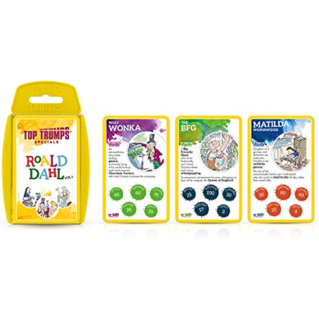 Top Trumps Roald Dahl Vol.1 Specials Card Game, play with gloriumptious characters from Matilda, The BFG, Charlie and the Chocolate Factory and Willy Wonka, gifts for boys and girls aged 6 plus