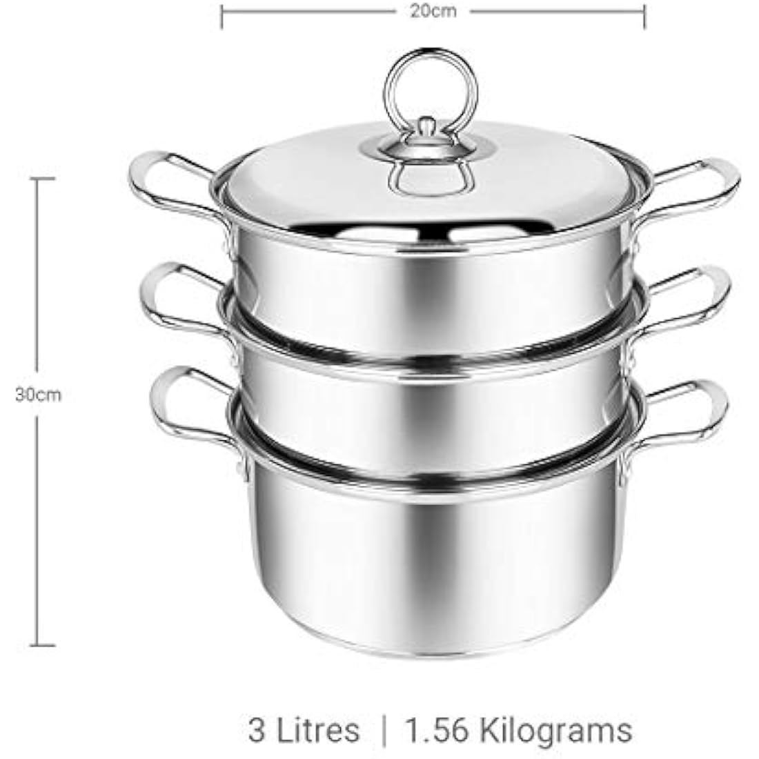 Penguin Home 3 Tier Stainless Steel Food Steamer Pan Set, Induction Safe Stainless Steel Lid with Knob, Sturdy Steel Handles, Kitchen Pan Steamer Set for Cooking, (20 Cm) Silver