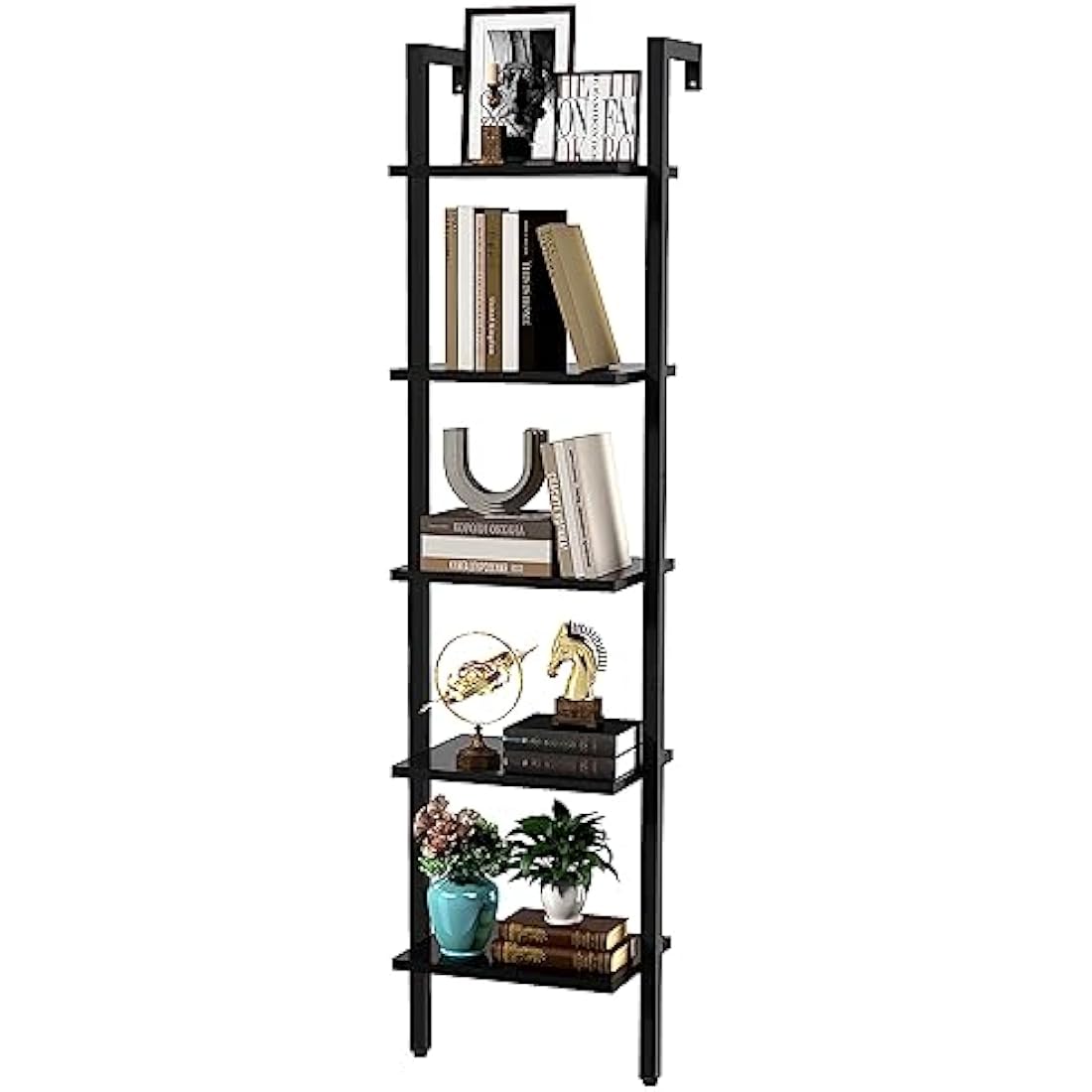 YMYNY Bookshelf Wall Mounted, Ladder Shelf, 5-Tier Bookcase Rack, Storage Unit with Metal Frame, Industrial Floating Wall Shelf for Living Room, Kitchen, Office, 40×30×178CM Black HBC015B