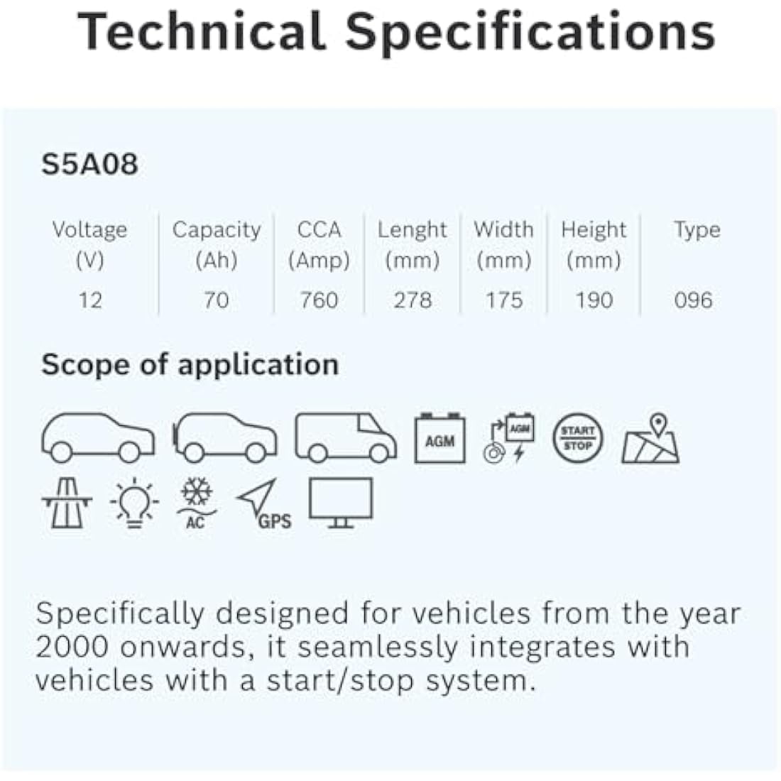 Bosch S5A08 Car Battery 70 A/h - 760 A - 12 V, Type 096, AGM Lead-acid for Vehicles with a Start/Stop System, Left (-) Right (+), 278 x 175 x 190 mm - For Vehicles with Regenerative Braking