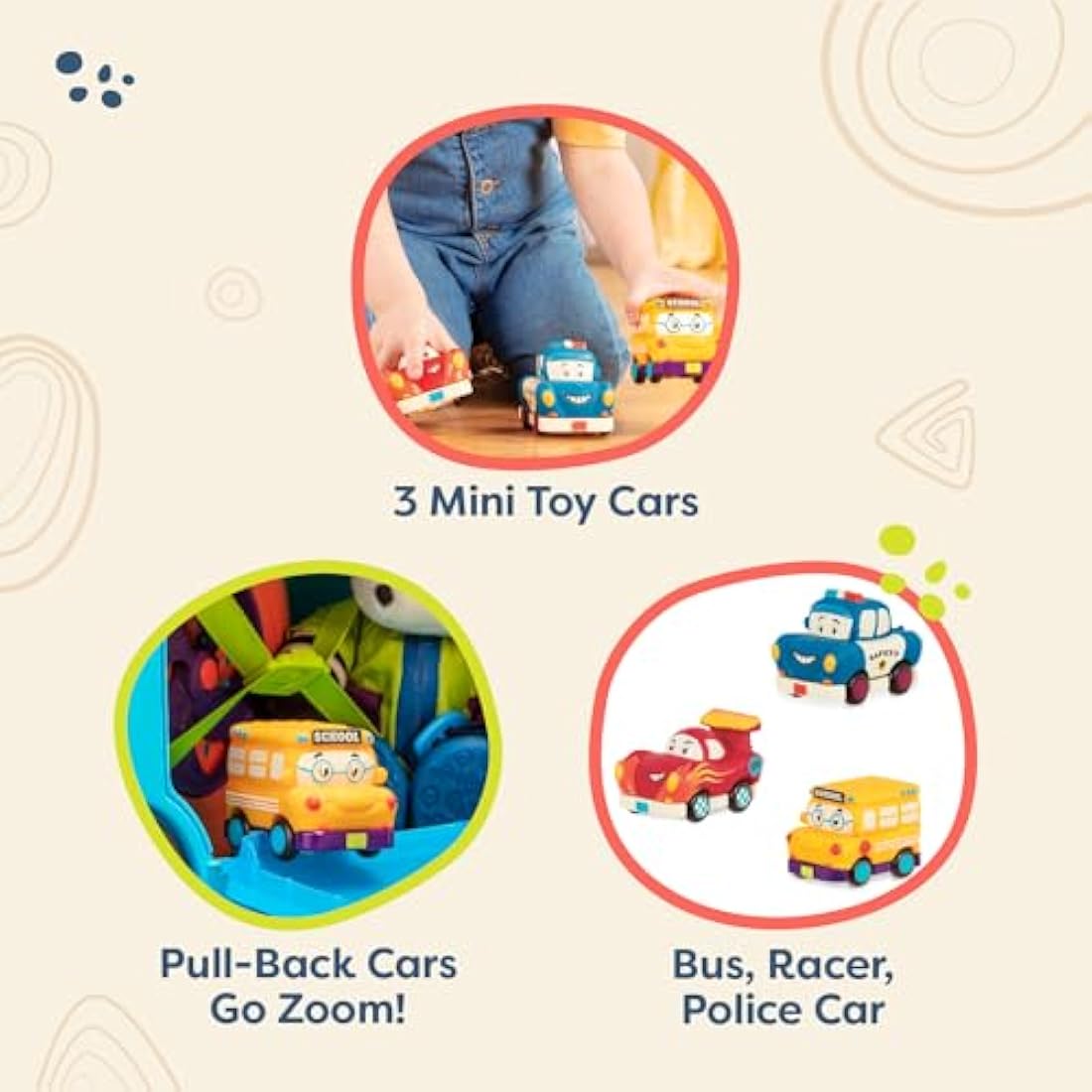 B. Toys – Mini Wheeee – ls! – 3 Pieces Mini Pull – Back Vehicles Set, Bus & Cars, Multi, Hot Rod, School Bus, Police Car – 1 Year +