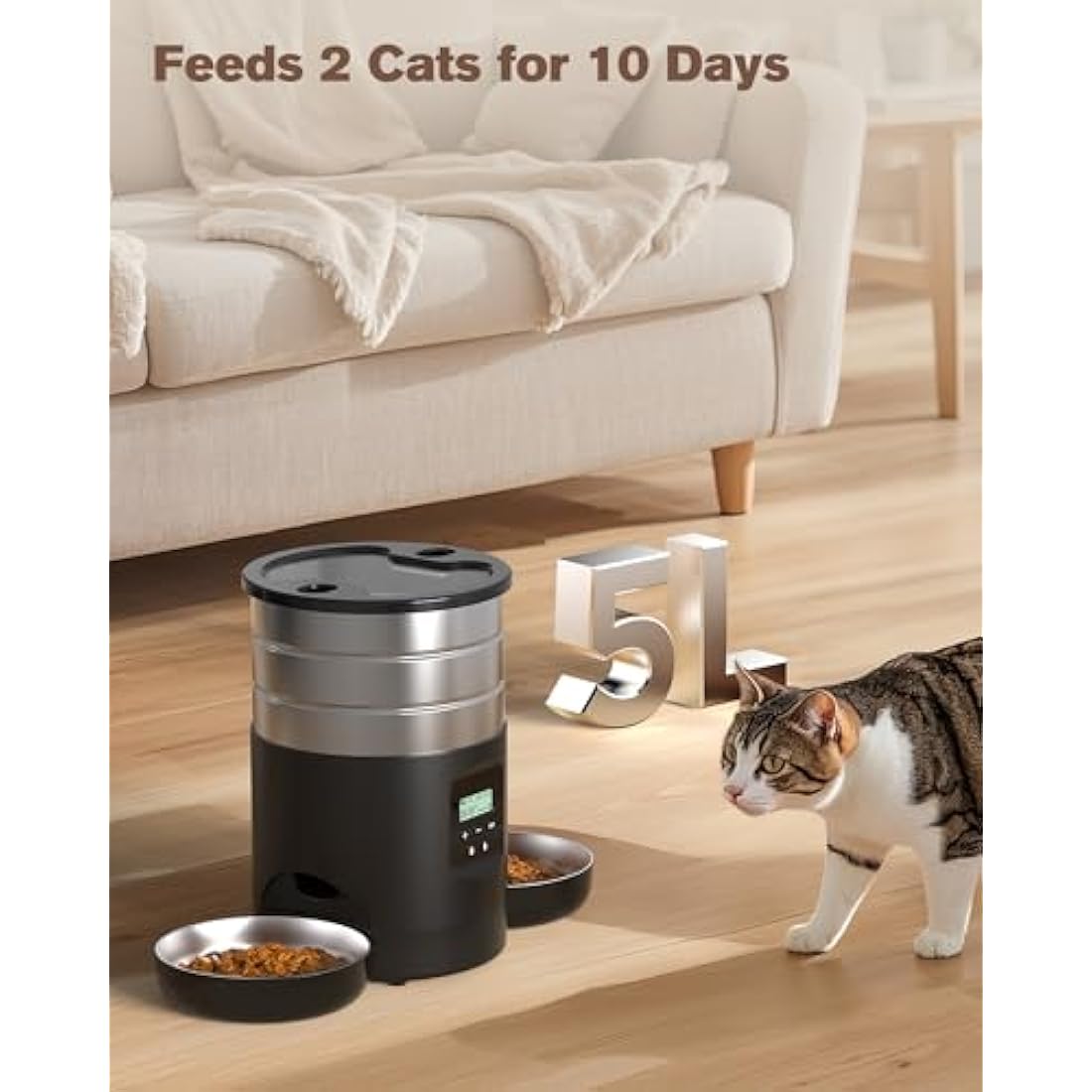 Automatic Cat Feeder For 2 Cats - Stainless Steel Cat Food Dispenser for Fresh Dry Food with Timer - 5L Electric Pet Feeder with Double Bowls Indoor- Auto Small Dog Feeder Dual Power - Button Control