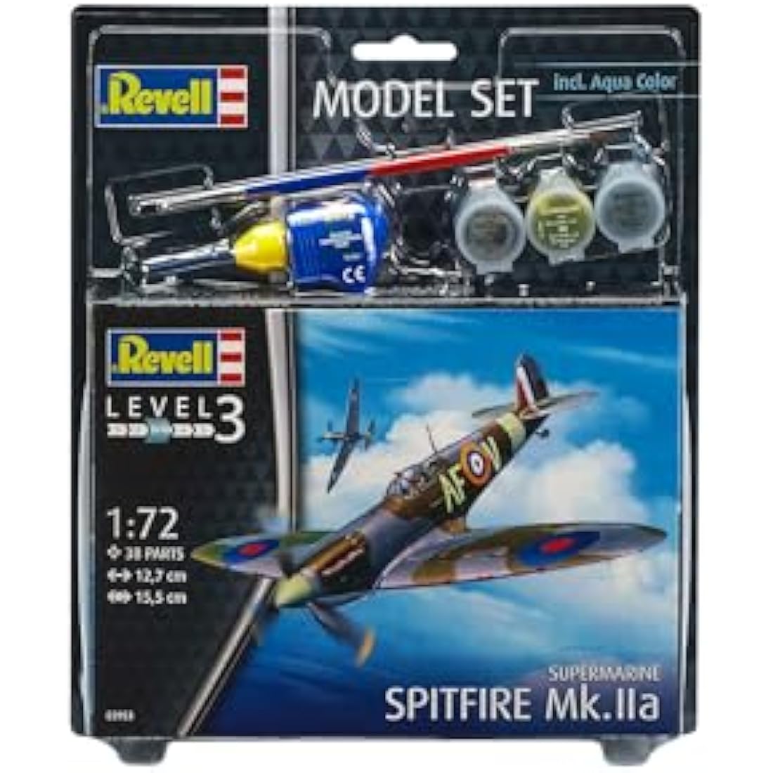 Revell Model Set 63953 Spitfire Mk.IIa 1:72 Scale Unbuilt/Unpainted Plastic Model Kit with Contacta Professional Glue, Paintbrush & Selected Aqua Color Paints