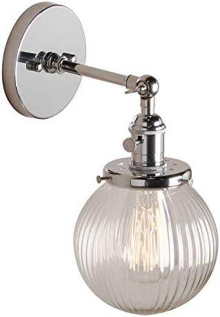 PathsOn 15cm Industrial Modern Vintage Retro Wall Lights, Loft Bar Kitchen Sconce Lights Lamp Fixture with Ribbed Globe Clear Glass Light Shade (Chrome)