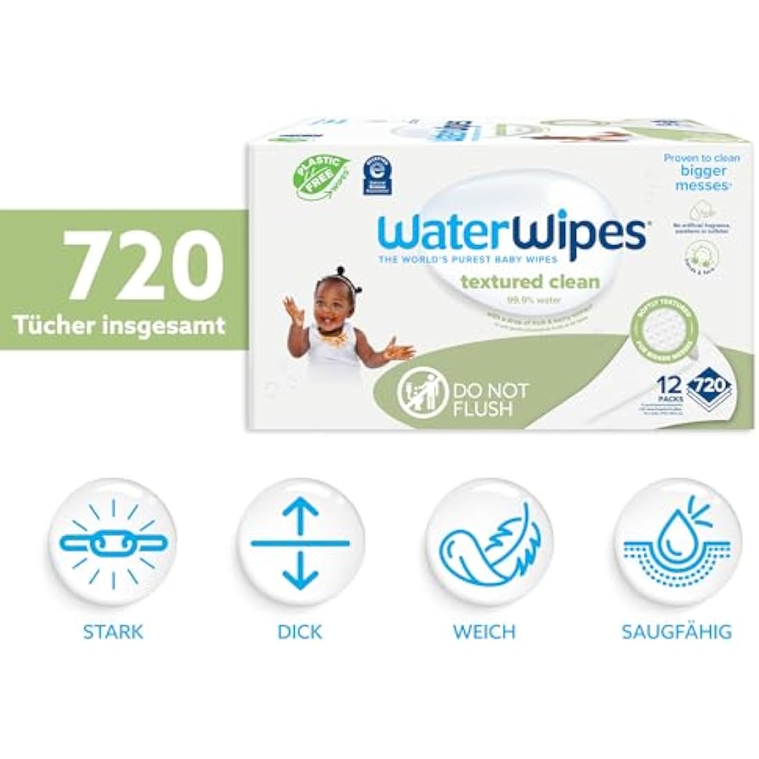 WaterWipes Sensitive+ Baby & Toddler Wipes, 720 Count (12 Packs), 3-In-1 Cleans, Cares, Protects, 99.9% Water, Textured Clean, Unscented