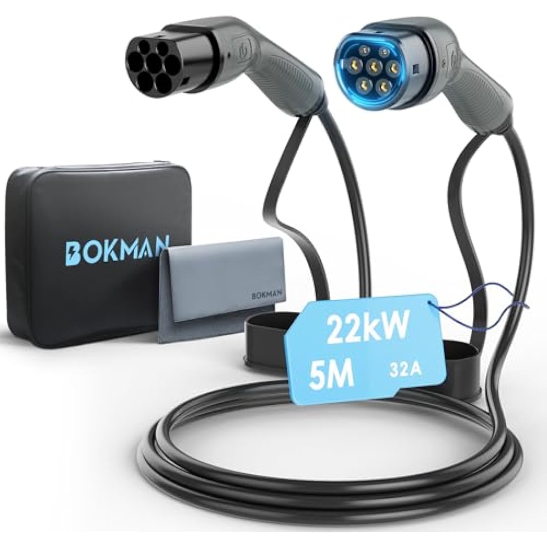 bokman Type 2 EV Charging Cable, Mode 3 / 32A / 22KW / 3 Phase / 5 Meter, Electric Vehicle Car Plug-in Hybrid Type 2 to Type 2 Fast Charging Cable