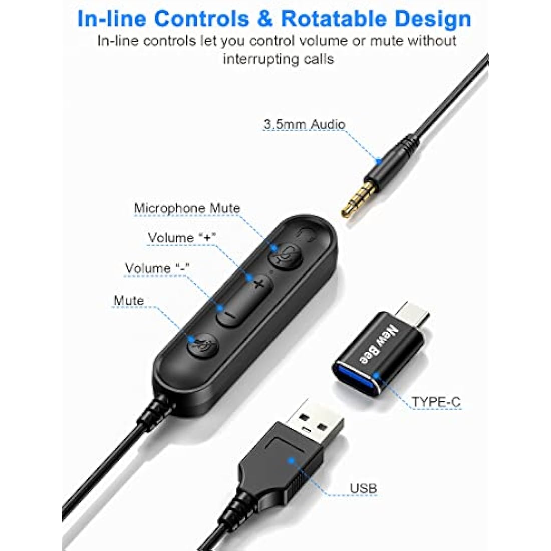 New bee USB Headset with Microphone, Headphones with Microphone,PC Headset USB Type-C 3.5 mm for Call Centre/Telephone Conferencing/Skype Chat/Online Courses (black)