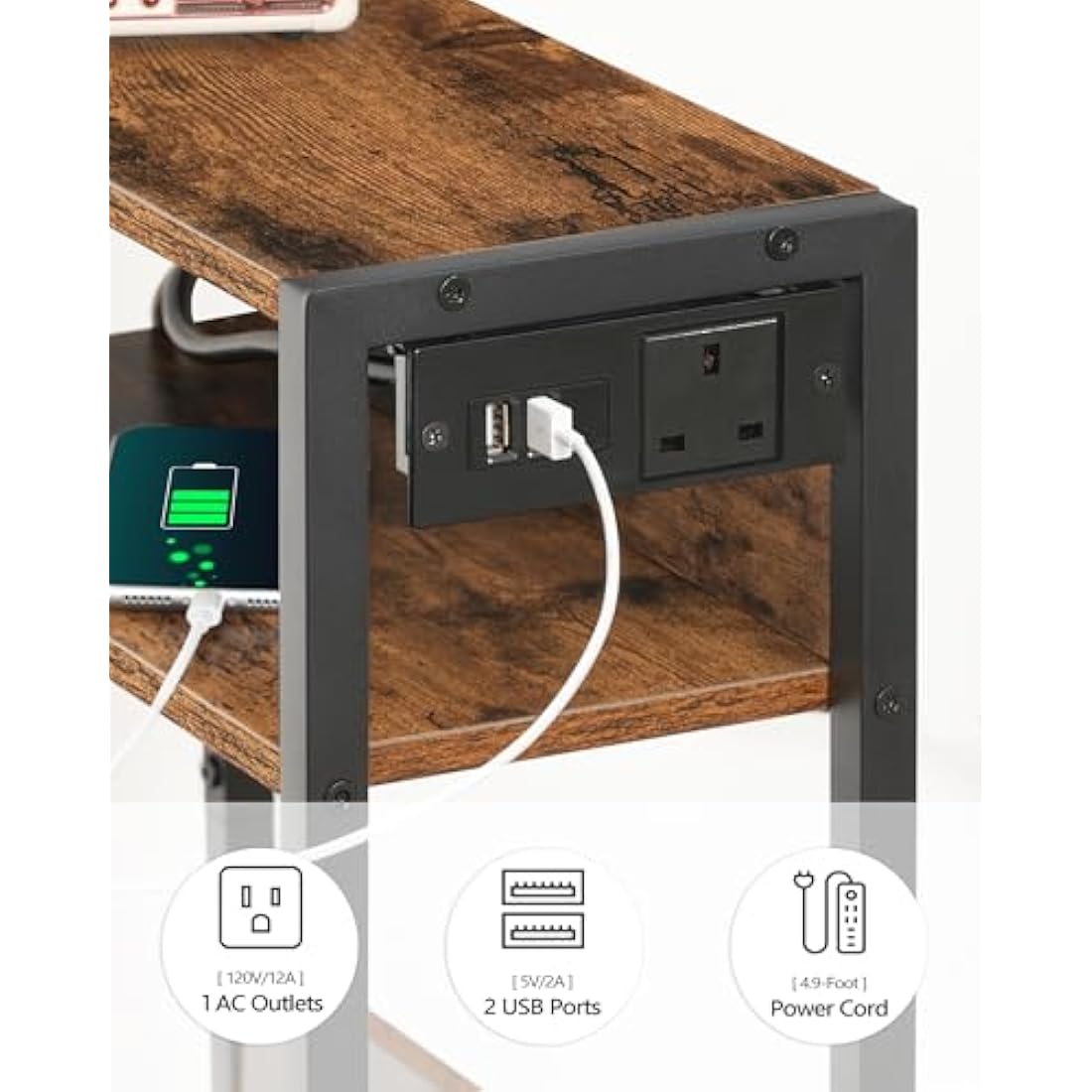 CHOEZON Side Table with Charging Station, Narrow End Table, Slim Nightstand for Small Space, Skinny Beside Table with Storage, for Living Room, Bedroom, Rustic Brown and Black DTBZ05KBF
