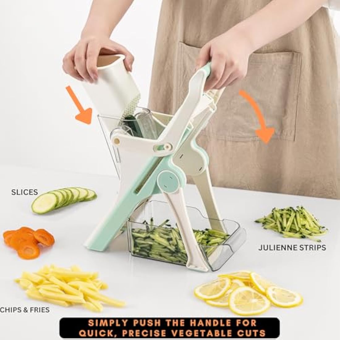 Brieftons Safe Mandoline Vegetable Slicer with 5 Removable Blades to Slice, Julienne, Chip, Chop, Dice Veggies/Fruits, Injury-Free Design, with Catch Container, Cleaning Brush, 5 Recipe Ebooks