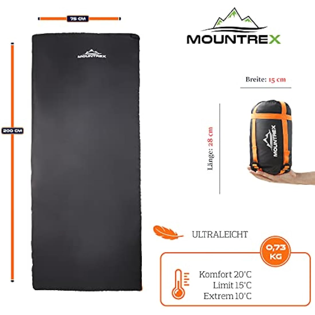 MOUNTREX® Sleeping Bag - Small Pack Size & Ultralight (700g) Summer Blanket Sleeping Bag - Camping, Travel, Festival - Adults