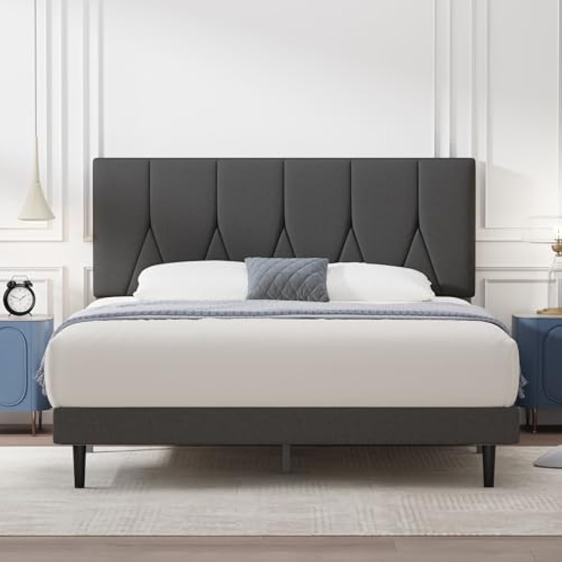 Yocreat Small Double Bed Frame, Dark Grey, Upholstered Wooden Slat Bed Frame with Headboard, Easy Assembly, Underbed Storage, No Box Spring Needed 120×190