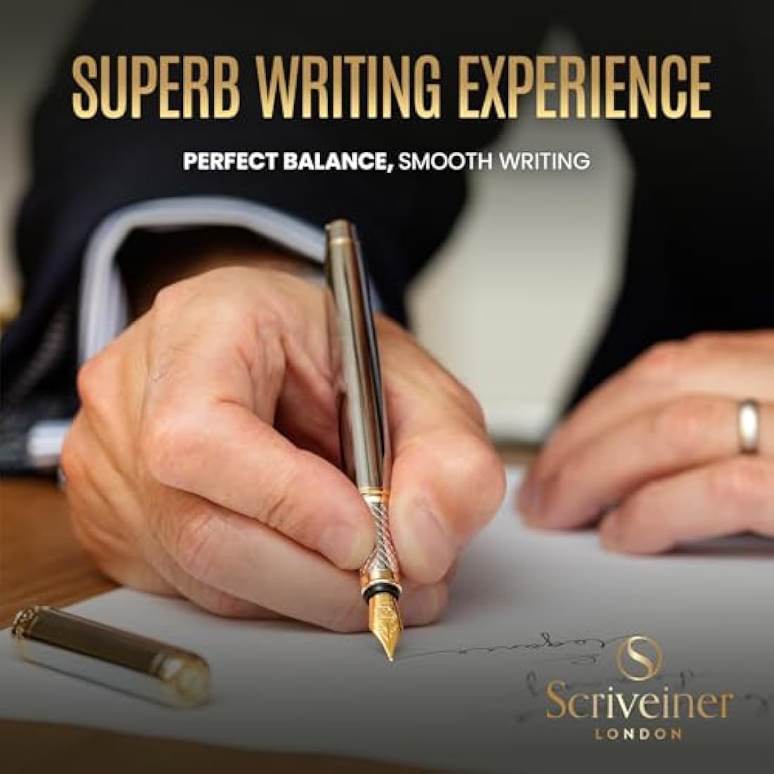 Scriveiner Silver Chrome Fountain Pen - Stunning Luxury Pen, Real Gold Plating, Schmidt Gilded Nib (Fine), Best Pen Gift Set for Men & Women Professional Executive Office Fancy Nice Designer Pen
