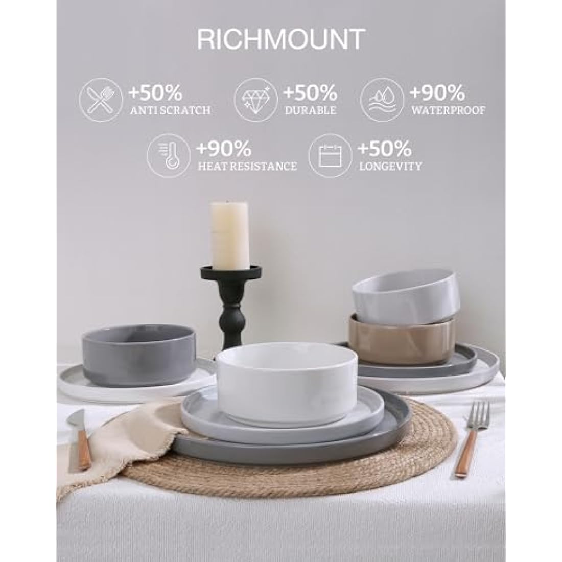 Richmount Nebula Dinner Set for 4, 12-Piece Speckled Dinnerware Stoneware Set, Scratch Resistant, Dishwasher & Microwave Safe, Dining Plates and Bowls Sets, Multi-Color