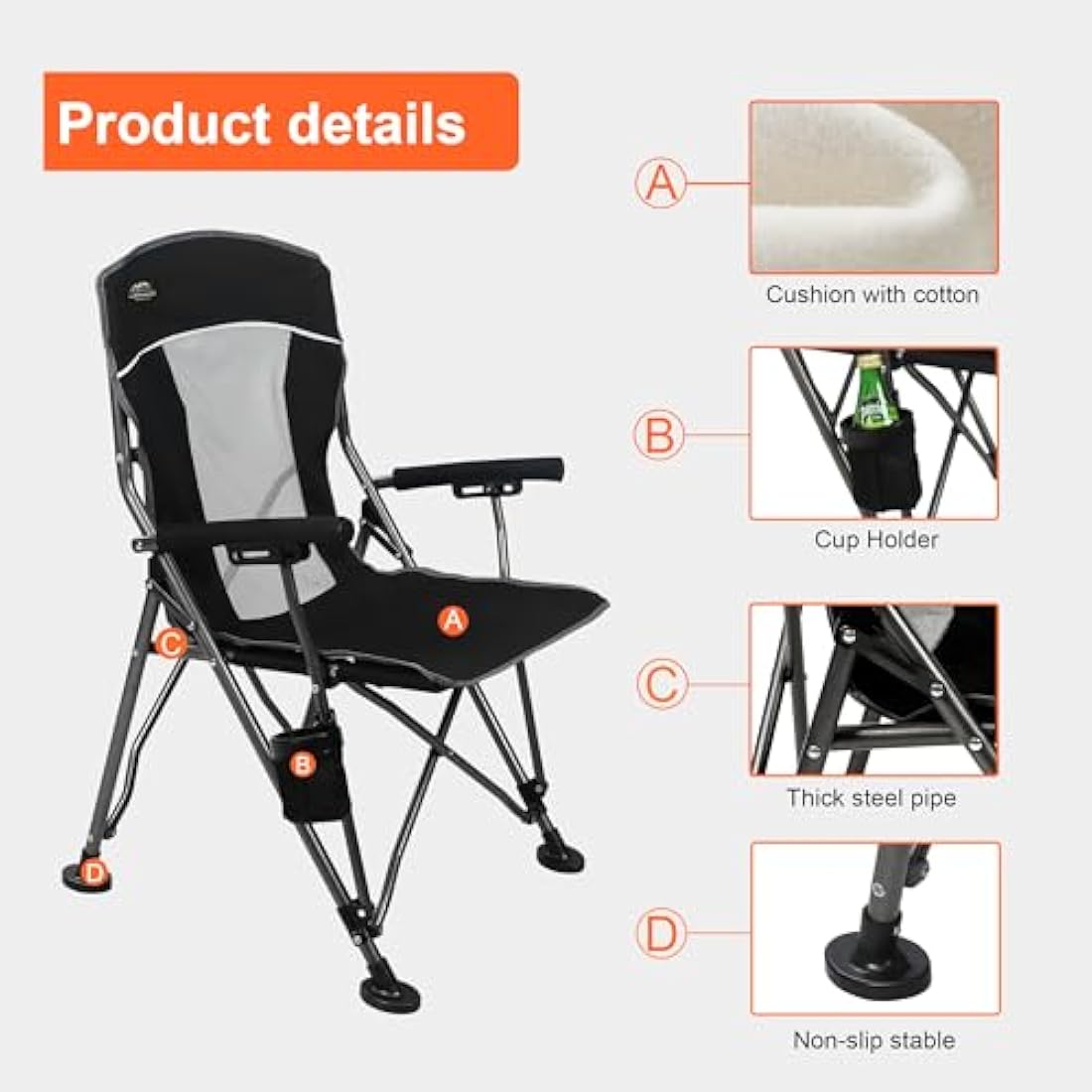 LANMOUNTAIN Camping Chair with Padded Hard Armrest,Cup Holder,Heavy Duty for Adults,Mesh Backrest,Portable Lawn Lightweight Outdoor Camp Chair,Support up to 400lbs