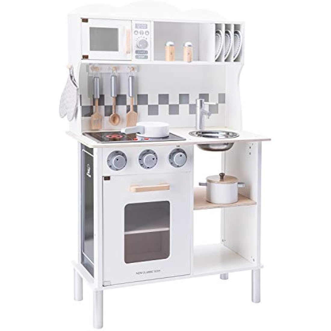 New Classic Toys 11068 Wooden Pretend Toy Kitchen for Kids Included Accessoires-Comes with Electric Cooking Plate-Makes Sound, White