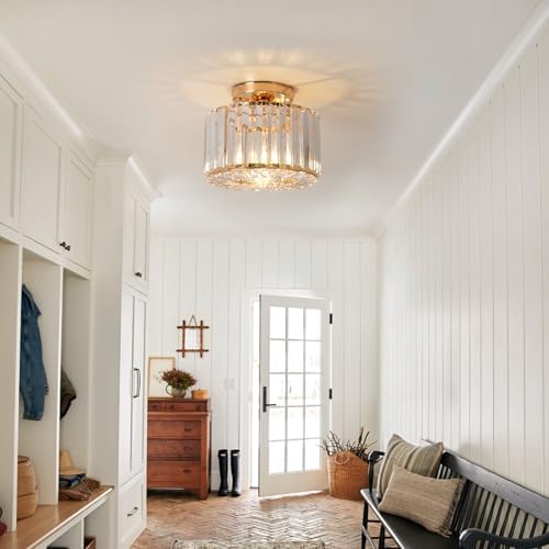 ZYDTRIP Crystal Ceiling Light Fixture Semi Flush Mount Ceiling Lamp Modern Gold Crystal Chandelier for Living Room Hallway Dining Room Kitchen