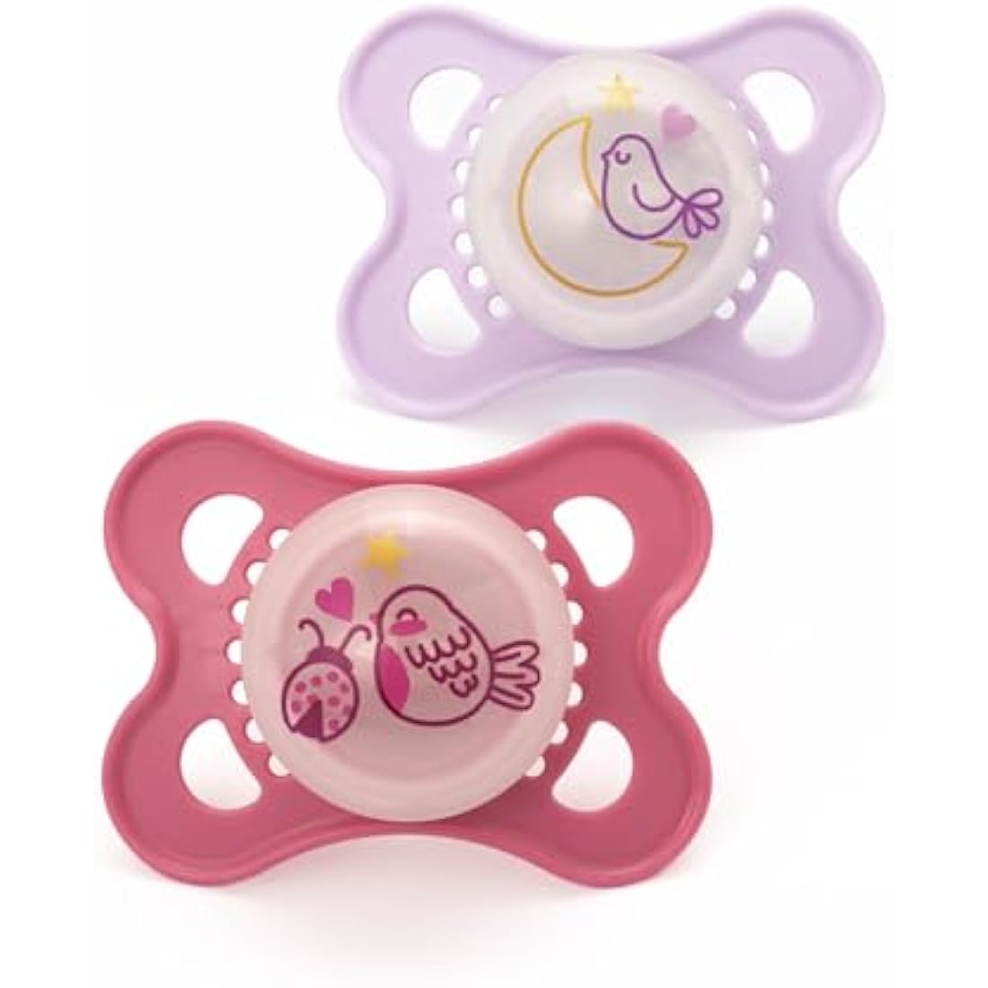 MAM Original Night Soothers | 0-6 Months | 2 Pack | Glow in The Dark | Comes in Dummy Steriliser Case | Sustainable Materials | Baby Accessories | Pink (Various Designs)