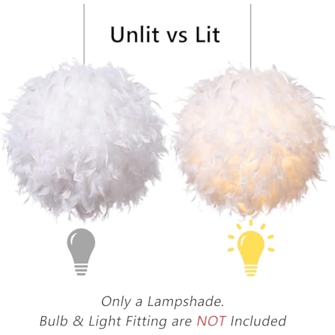 Waneway 50cm White Feather Lamp Shade for Ceiling Pendant Light, Floor Lamp & Table Lamp, Non-Electrical Lightshade with a Reducing Ring for Living Room and Bedroom, ID 40cm, OD 50cm