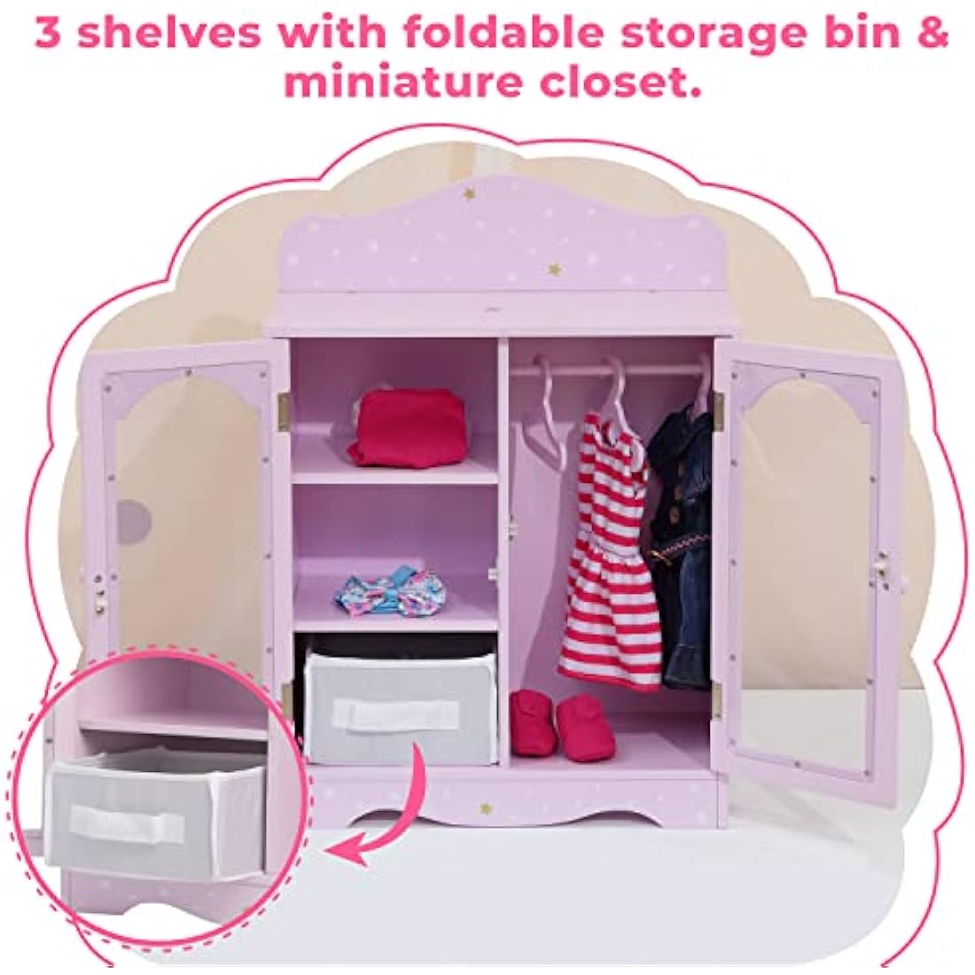 Olivia's Little World Purple Star 18 Inch Doll Closet Wardrobe Wooden Doll Furniture With 3 Doll Hangers TD-0210AP