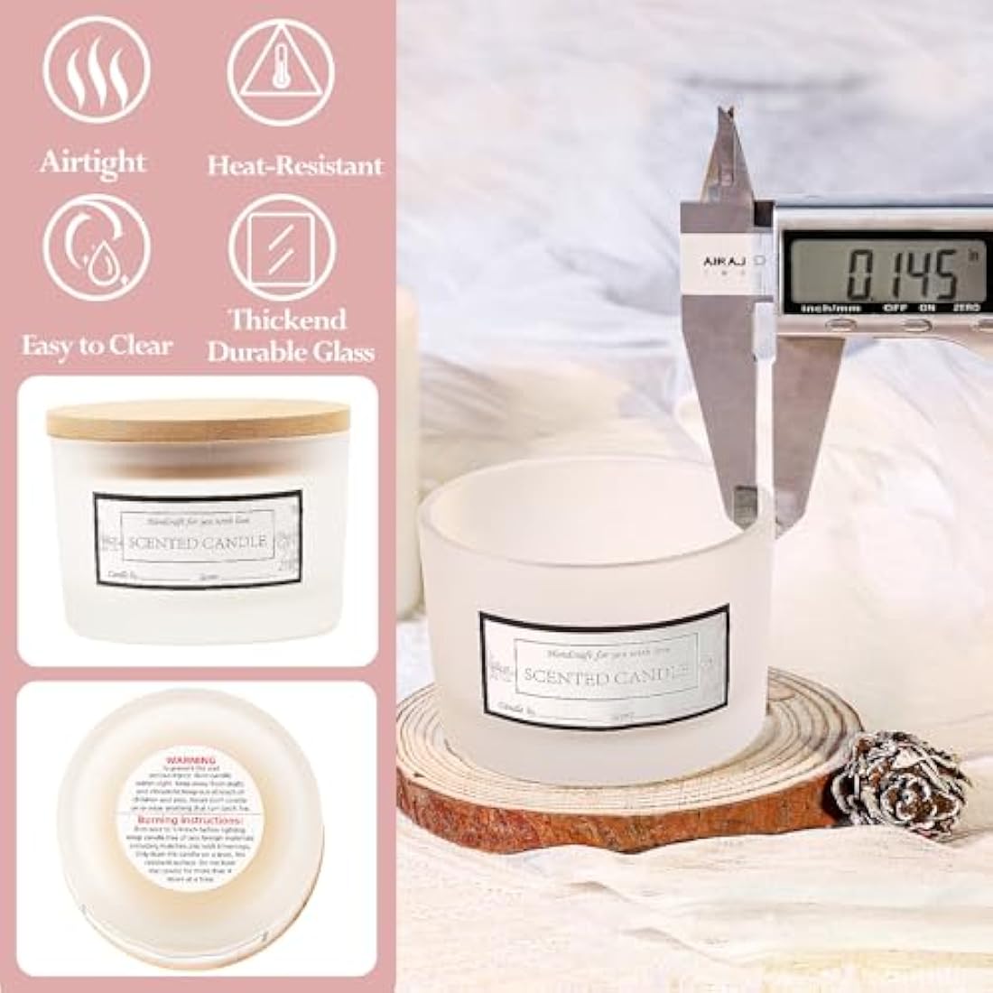 CONNOO 15 Pack 4 OZ Frosted Glass Candle Jars with Airtight Bamboo Lids, Bulk Small Wide Mouth Empty Candle Containers with Sticky Warning Labels - Dishwasher Safe