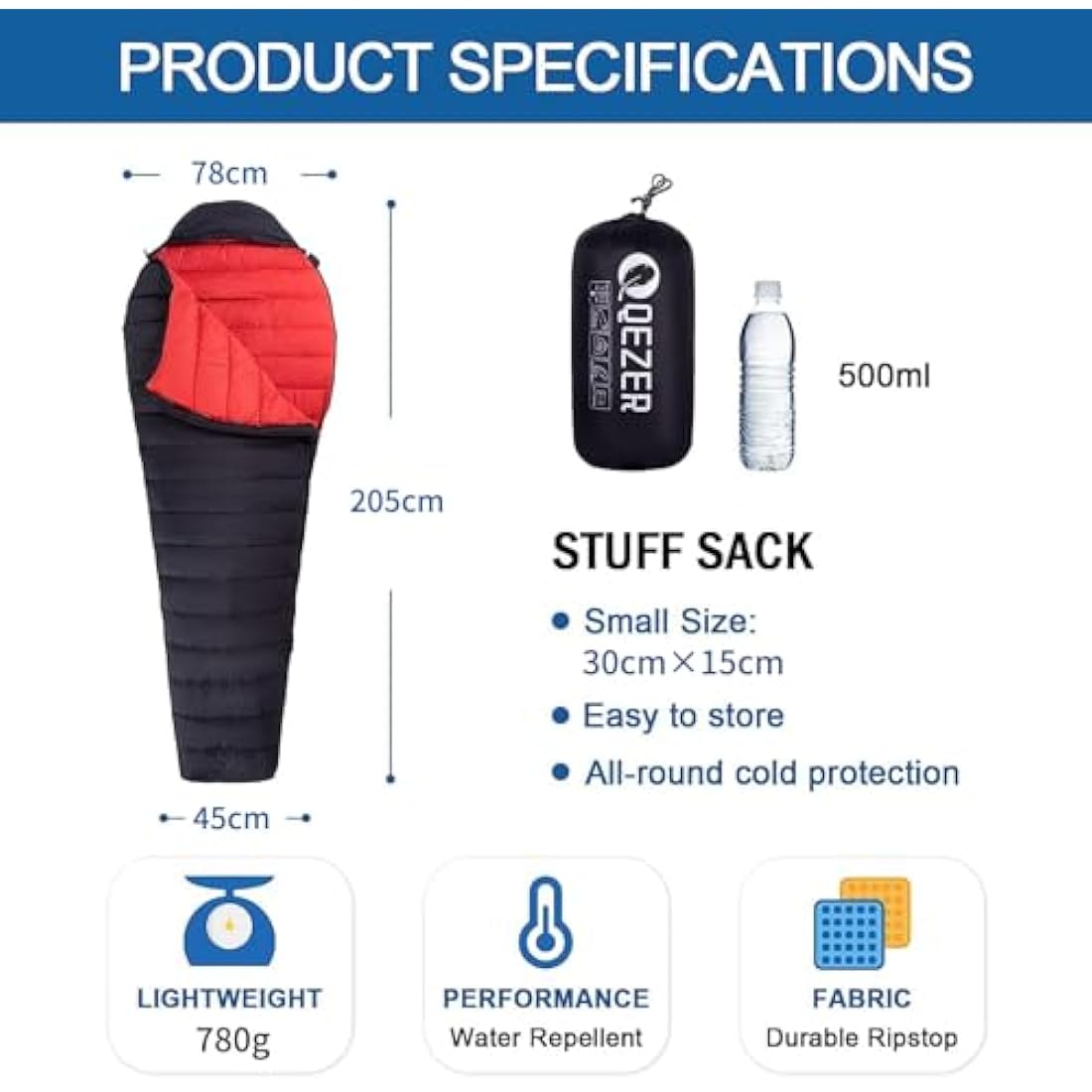 QEZER Ultralight Sleeping Bag for Adults,only 780g Backpacking Sleeping Bag Filled 600+FP Duck Down 5°C 15°C for Camping,and Hiking,Warehouse Outdoor