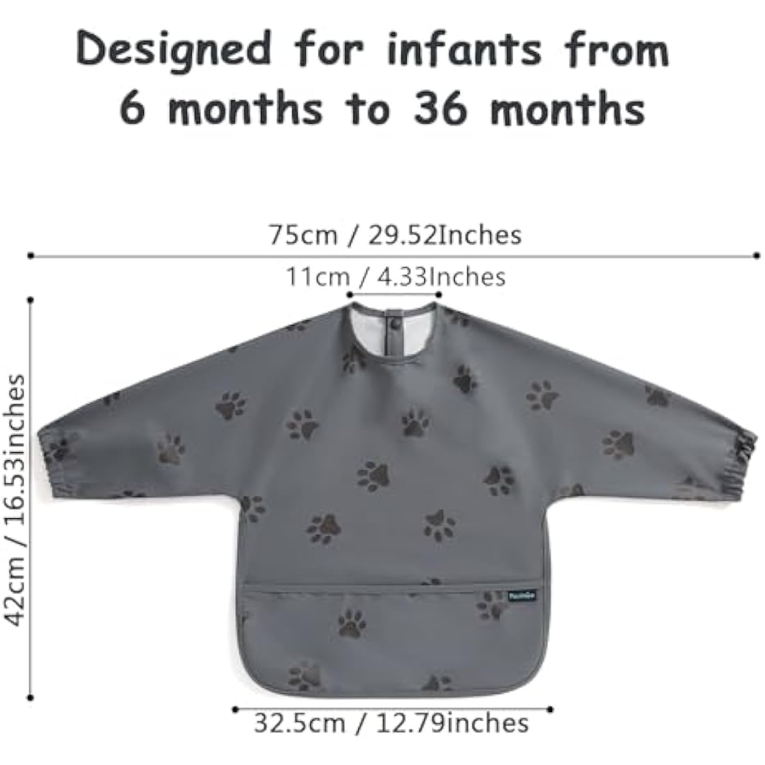 PewinGo Weaning Bib with Long Sleeves & BLW, Soft and Skin-Friendly Material, Coverall Bibs for Baby Feeding, Waterproof and Easy to Clean & Machine Washable, for Baby Infant Toddlers (Dark Grey)